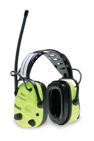 Bright green earcups and reflective headband improve worker visibility