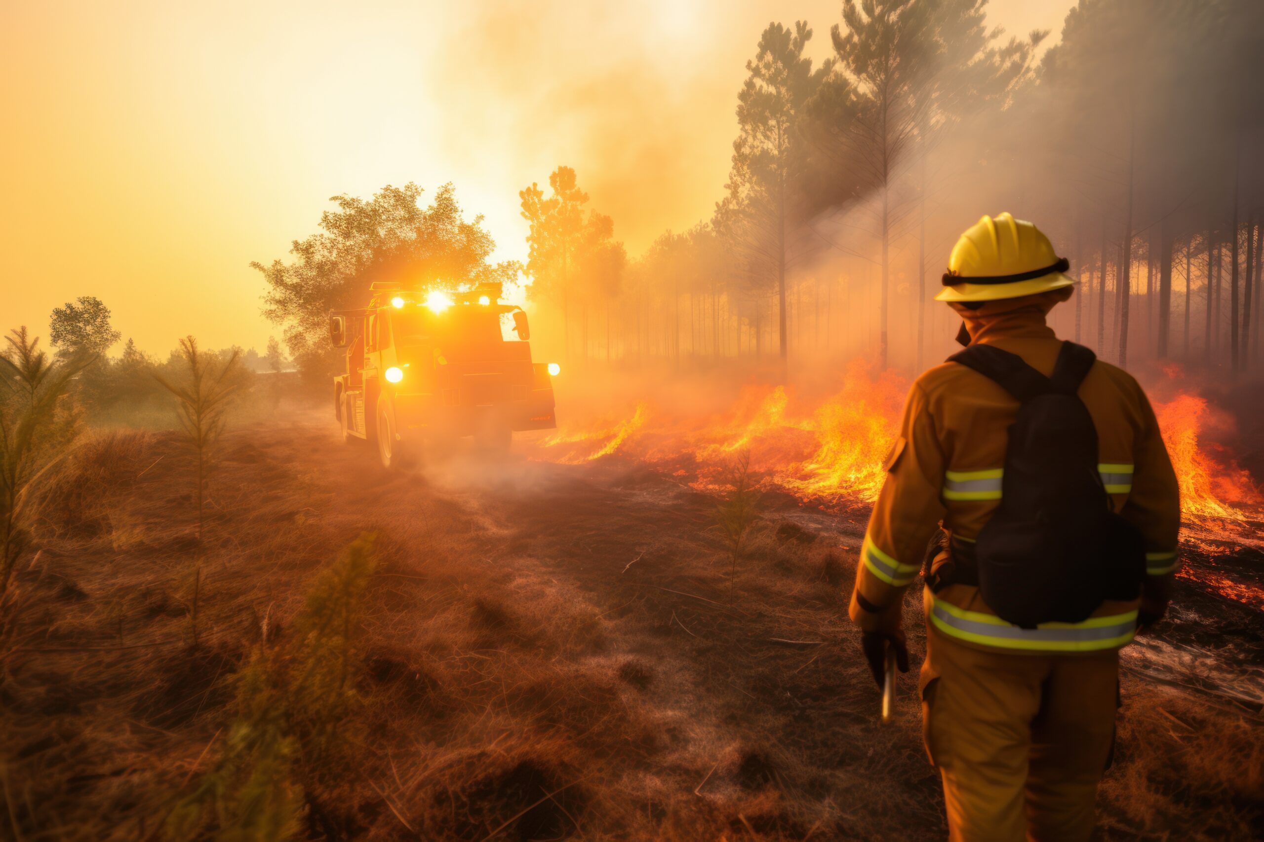 dramatic forest fire cause by hot weather. Firefighters battling wildfire